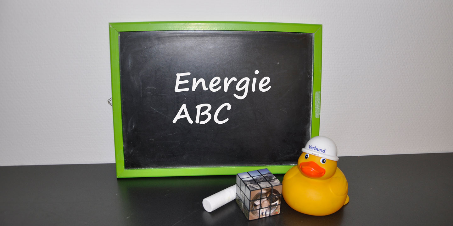 Ente Doris sitzt vor einer Tafel auf der Energie ABC steht.
