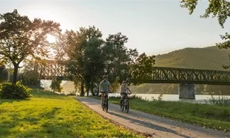Zwei Radfahrer fahren auf dem Donauradweg in Niederösterreich entlang.