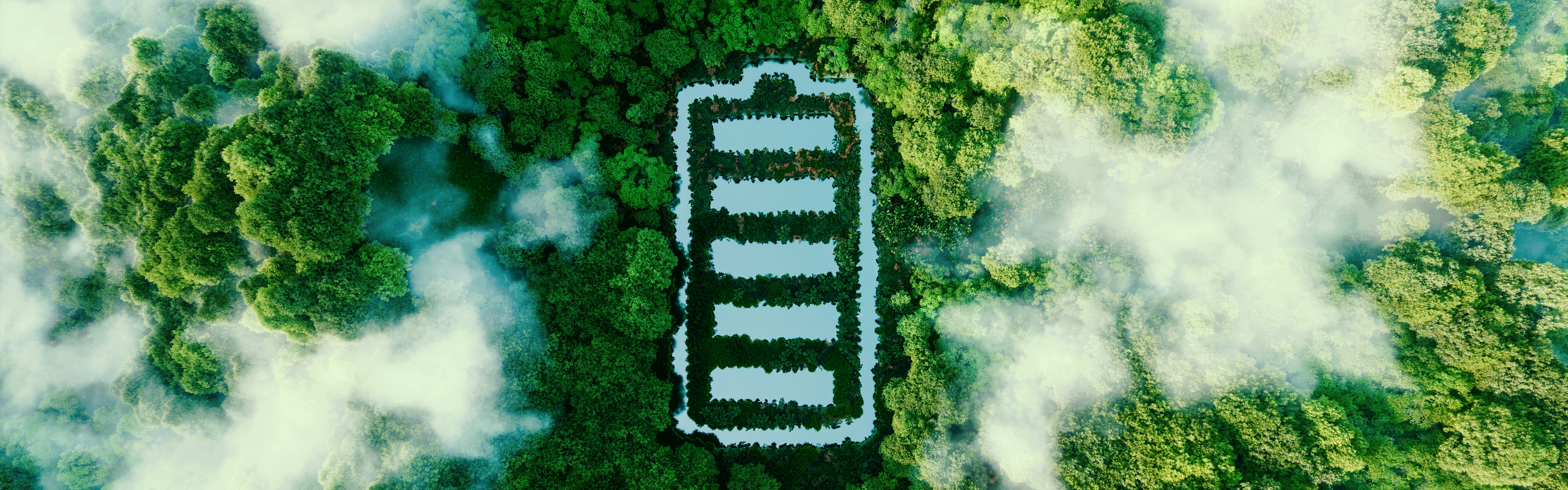 Batterieförmiger Teich im Wald aus der Vogelperspektive: Die von Alessandro Volta erfundene Batterie ist für die Energiezukunft von großer Bedeutung. (© petrmalinak/Shutterstock)