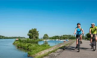Donauradweg: Zwei Radfahrer fahren entlang der Donau.
